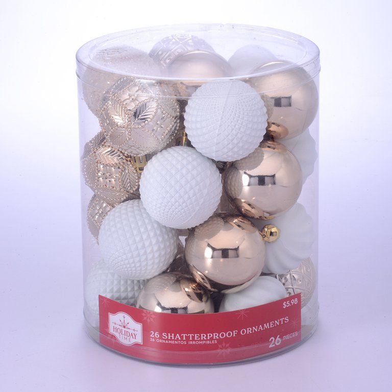 Holiday Time 60 mm Multi-shaped Shatterproof Christmas Ornaments, Champagne Gold and White, 26 Co... | Walmart (US)