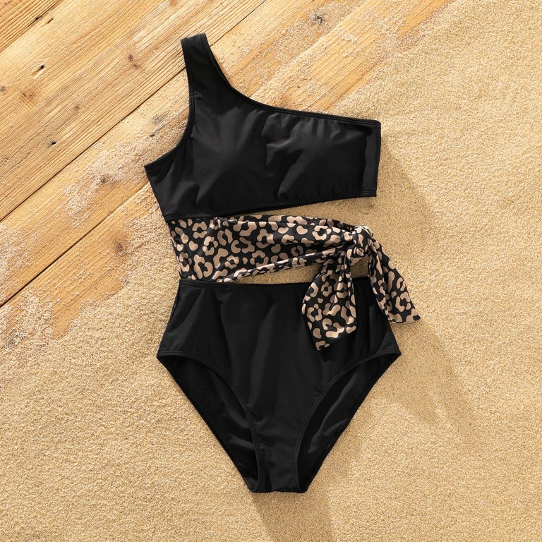 PatPat Family Matching Leopard Splice Black Swim Trunks Shorts and One Shoulder Self Tie Swimsuit... | Walmart (US)