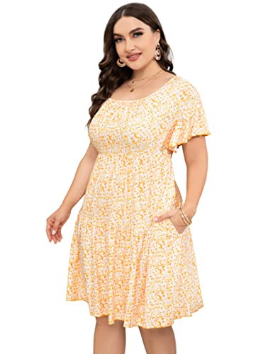 KOJOOIN Plus Size Summer Dress Womens Plus Size Clothing Plus Size Square Neck Dress Plus Size Dress Ruffle Sleeve Flowy Dress with Pockets Yellow Flower 4XL | Amazon (US)