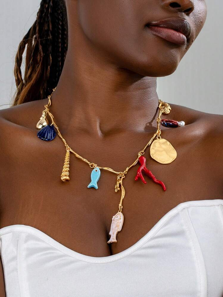 1pc Stylish Marine Series Coral, Starfish, Shell & Fish Pendant Necklace, Unique Design Necklace Jewelry For Women | SHEIN