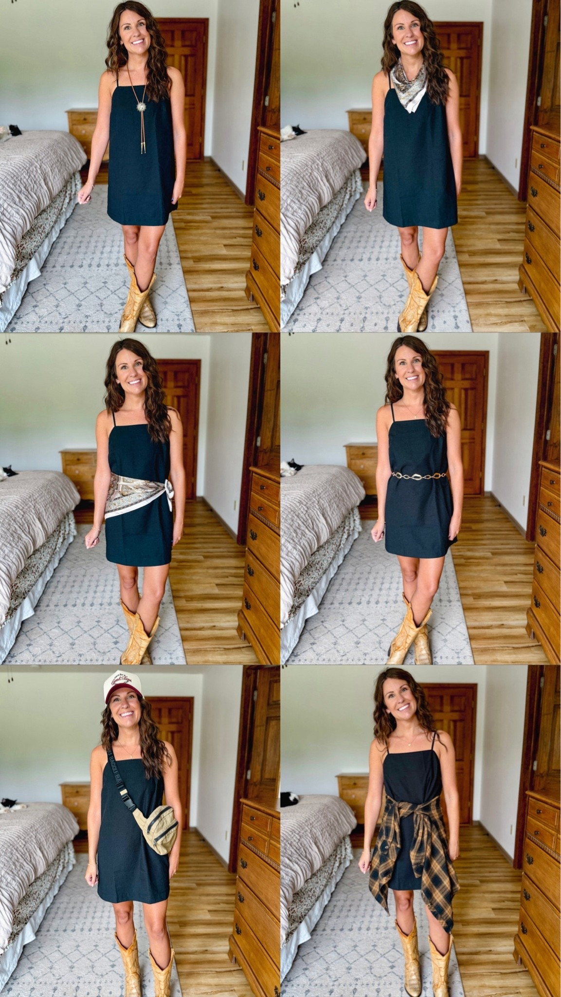 1 black dress, 6 ways to wear it for a country concert🤠🎶🖤 country concert outfit, country concert style, concert outfit 

Xs petite in this little black dress! My cowboy boots are thrifted so I linked some similar ones! 

change up your LBD with a bolo tie, a scarf (on your waist or around your neck), a chain belt, or a flannel (tied around your waist or layered!)

My flannel is size small. My baggu belt bag is sold out in my color—linked other colors and similar ones.

#LTKgrwm #LTKSeasonal #LTKPetite