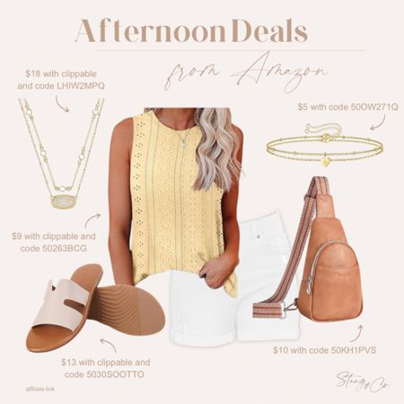 Afternoon deals include this adorable sleeveless eyelet top, slide sandals, a layered necklace, a pair of bracelets, and a sling bag. Be sure to click the coupons and use the codes on the image to get the full savings. 

Deal of the day, Amazon deals, ootd, summer outfit, casual outfit 

#LTKstyletip #LTKsalealert #LTKfindsunder50