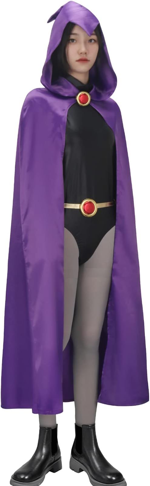 NIHONCOS Womens Raven Costume Black Jumpsuit With Purple Hooded Cloak Cape Waist Belt Suit Hallow... | Amazon (US)