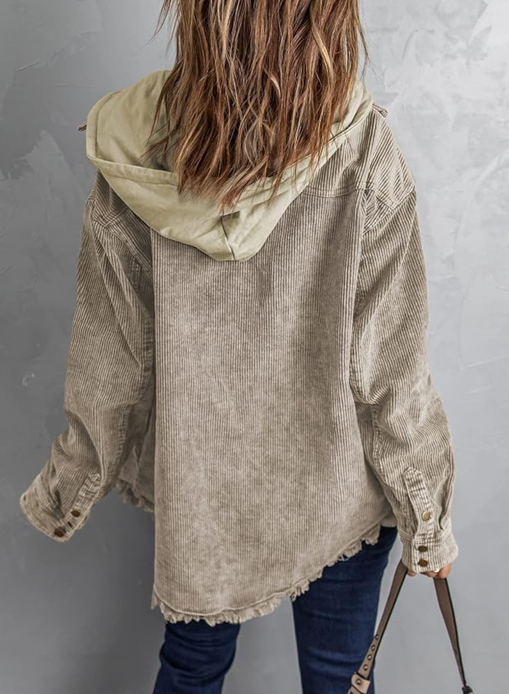 Dokotoo Womens 2025 Fall Corduroy Shacket Jacket Long Sleeve Button Down Color Block Hooded Coat ... | Amazon (US)