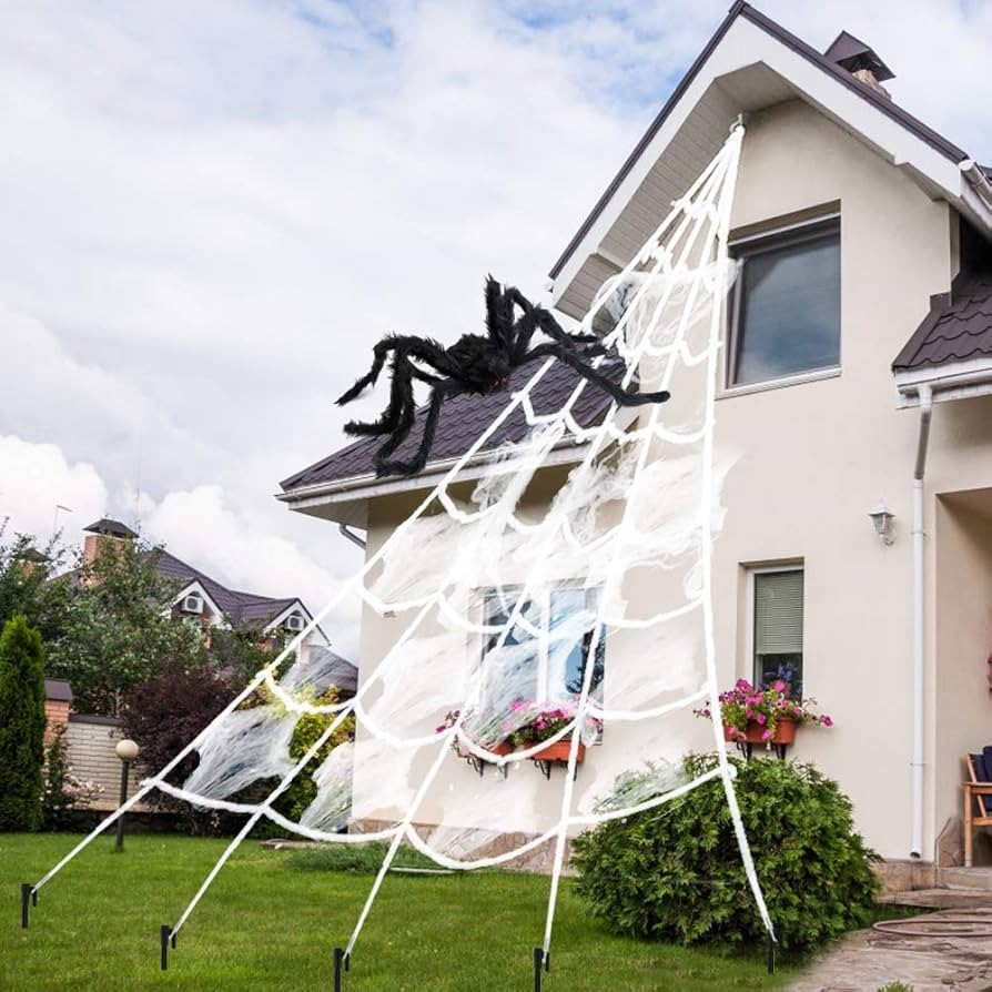Spider Web Halloween Decorations, 16 ×15 Feet Giant Triangular Spider Web Plus a Fake Big Spider... | Amazon (US)