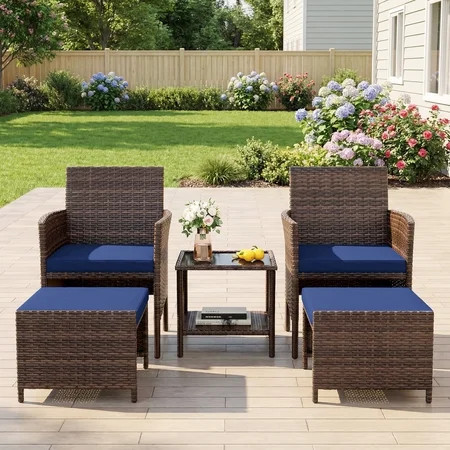 UDPATIO Balcony Furniture 5 Piece Patio Furniture Set, Outdoor Brown Wicker Chairs with Ottoman, Navy | Walmart (US)