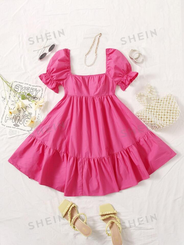 SHEIN WYWH Square Neck Puff Sleeve Ruffle Hem Dress | SHEIN