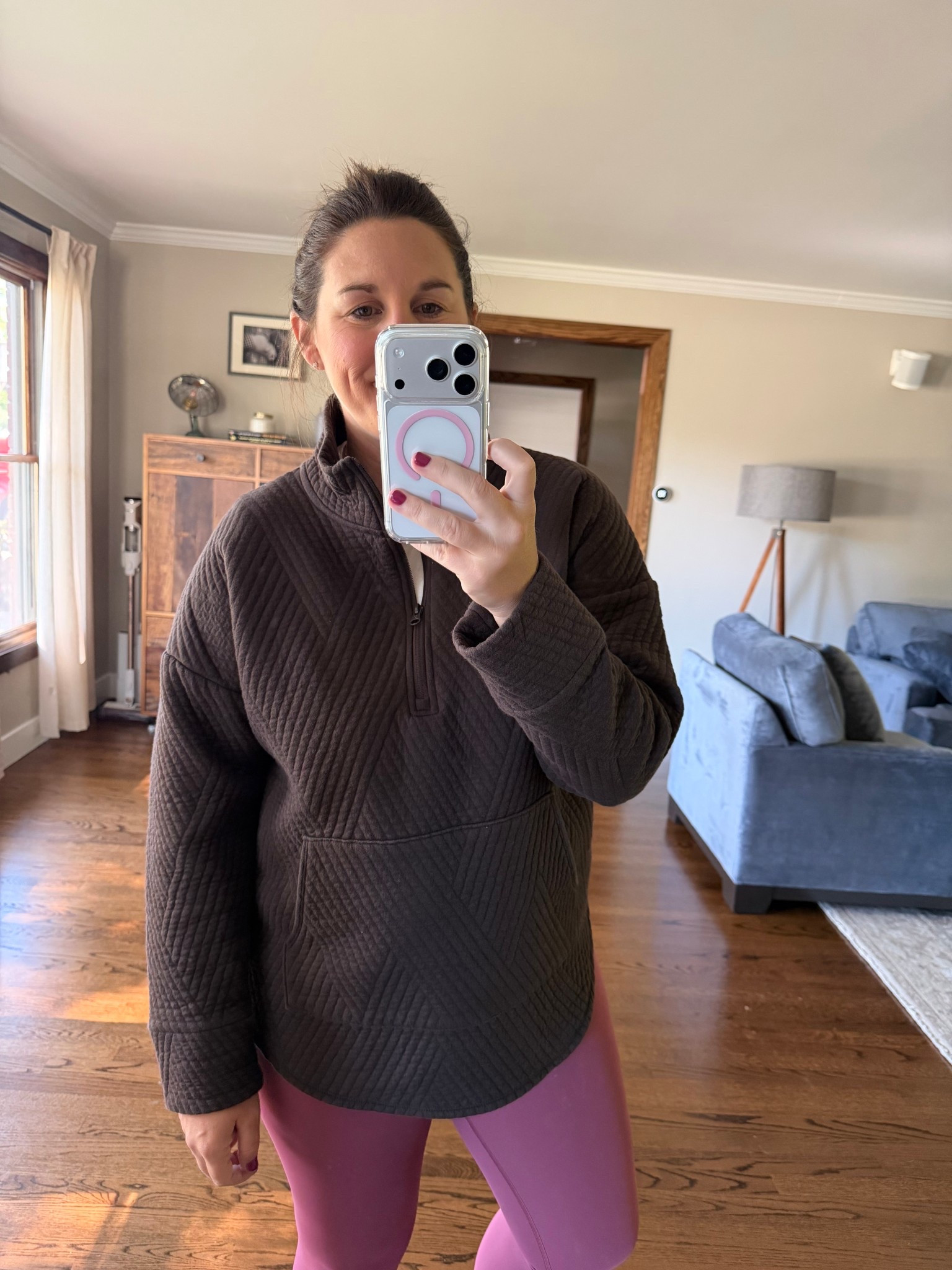 This quilted pullover is perfect for leggings. I’m wearing a M  

#LTKActive #LTKSeasonal #LTKFindsUnder100