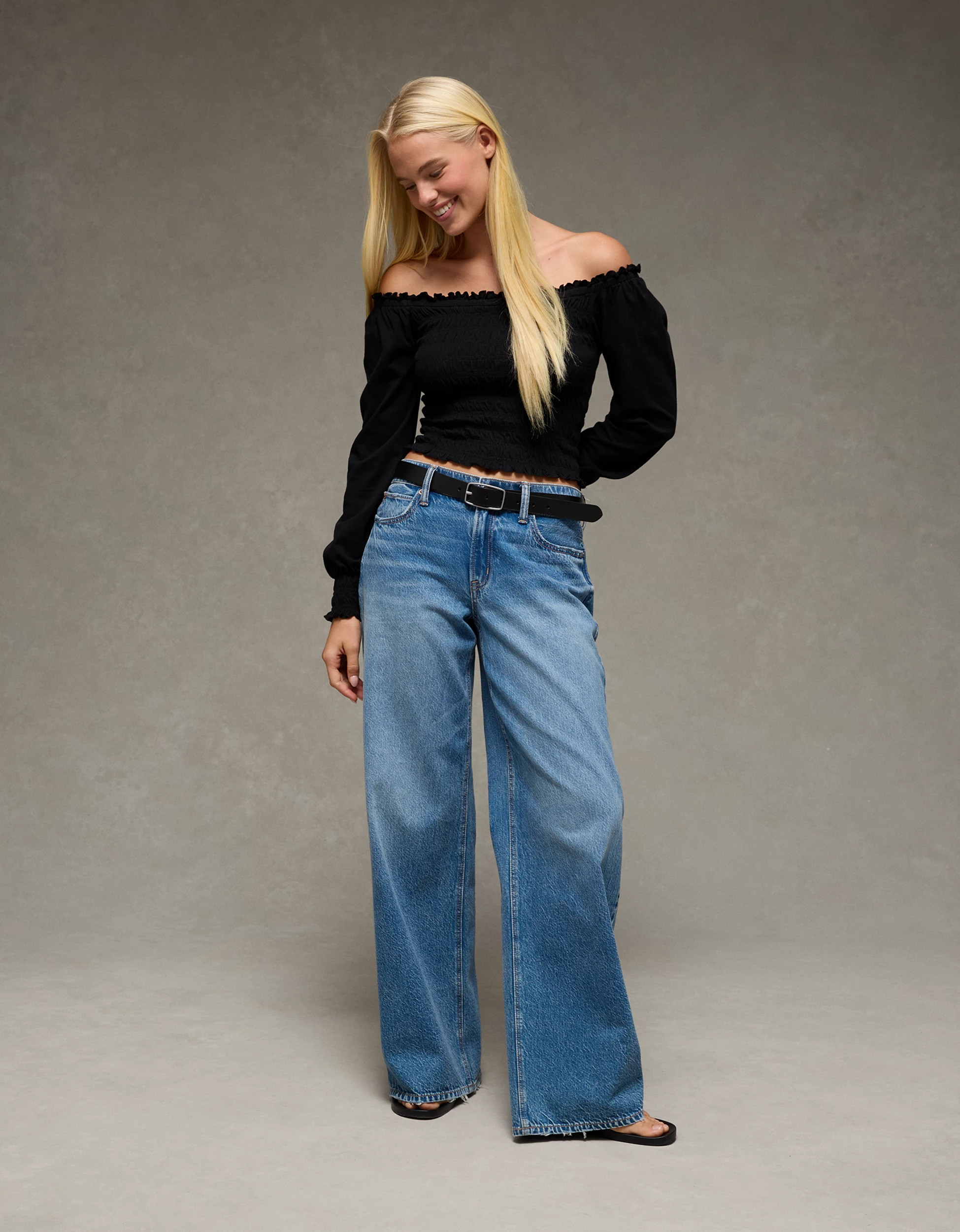 AE Sunchaser Off-the-Shoulder Smocked Tee | American Eagle Outfitters (US & CA)