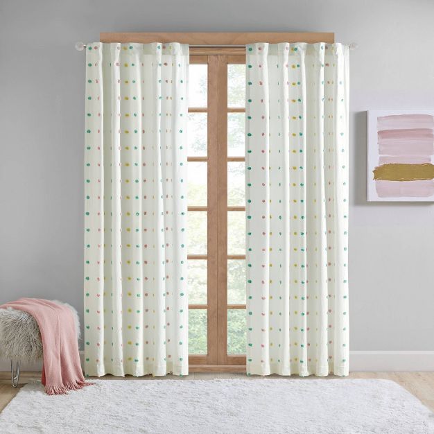 1pc 50"x84" Light Filtering Kelsey Jacquard Pom-Pom Window Panel Cream - Intelligent Design | Target