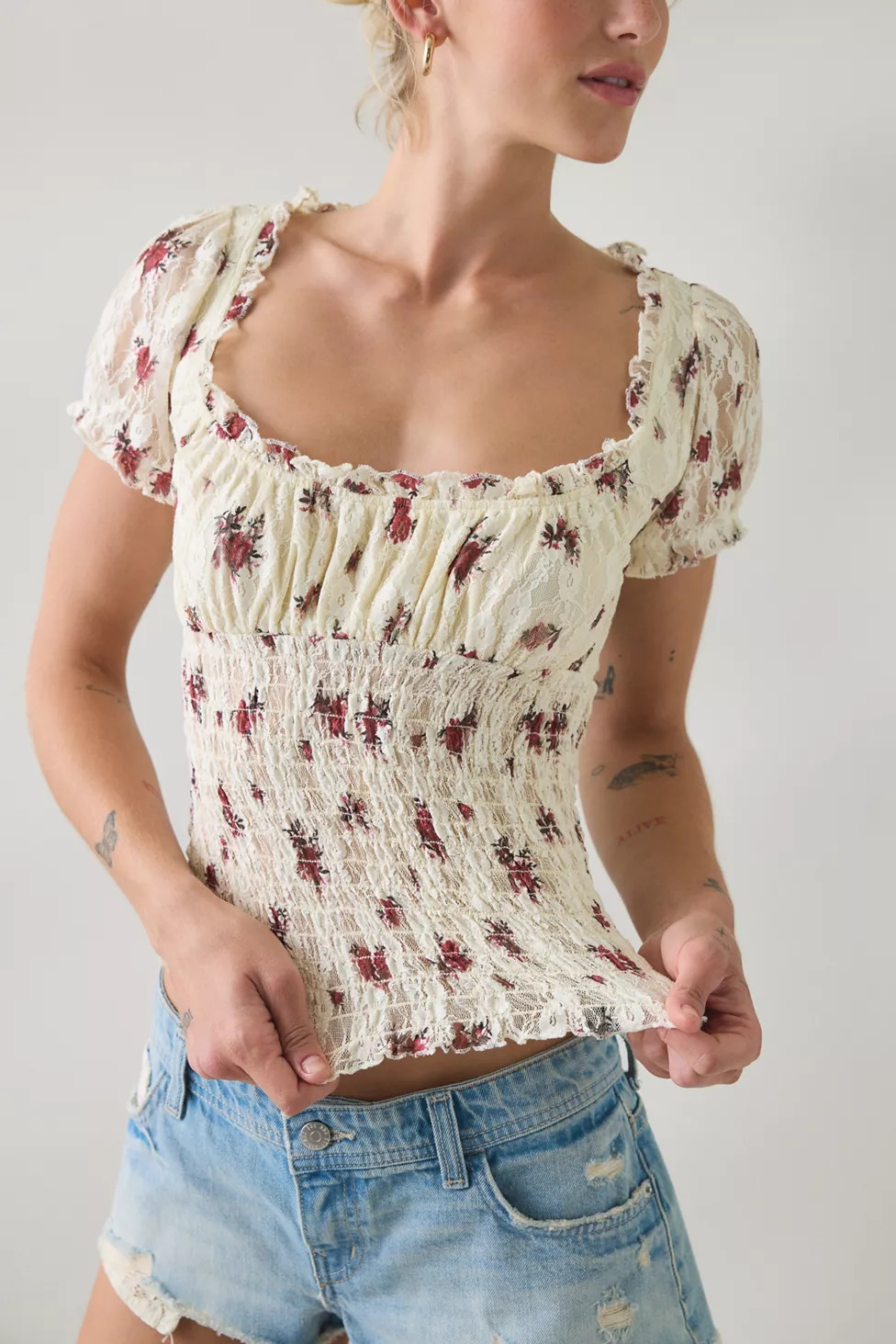 BDG Flora Lace Smocked Square Neck Milkmaid Blouse | Urban Outfitters (US and RoW)
