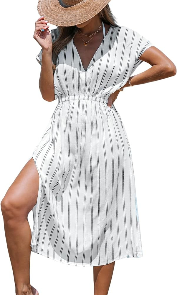 CUPSHE Women Beach Cover Up V Neck Short Sleeve Striped Midi Swimsuit Coverup Dress XS-XXL | Amazon (US)