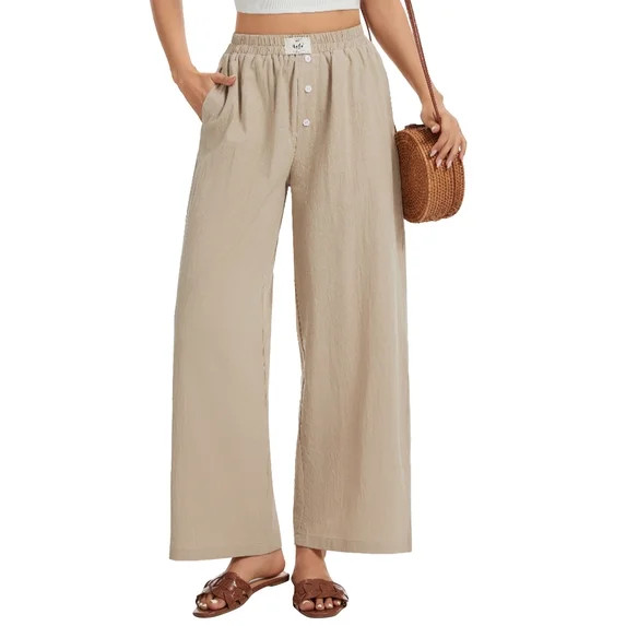 TEMOFON Linen Pants Women Wide Leg Casual Palazzo Pant Summer Baggy Flowy Khaki Vacation Pants wi... | Walmart (US)