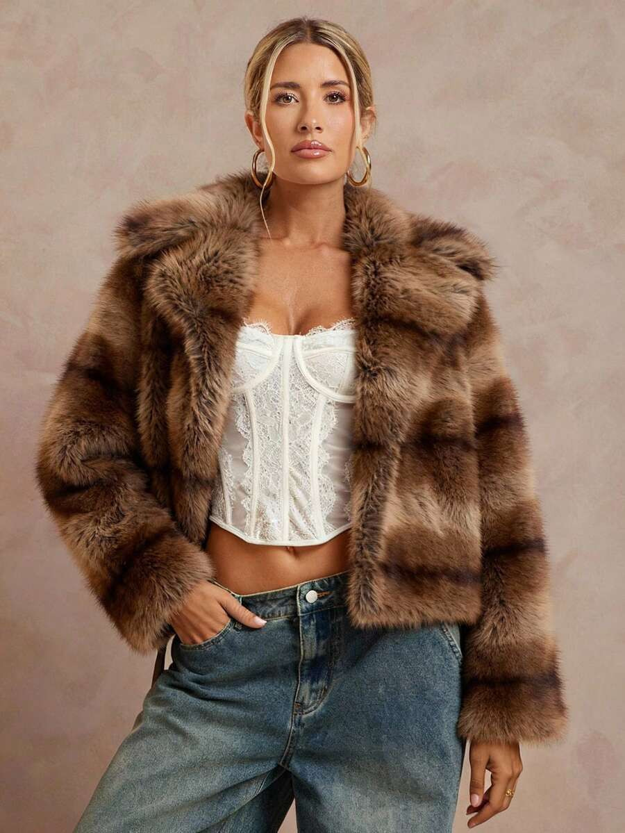 Lumalex VITNOS Autumn/Winter Collection Women's Oversized  Lapel Long Sleeve Faux Fur Fashion Jac... | SHEIN