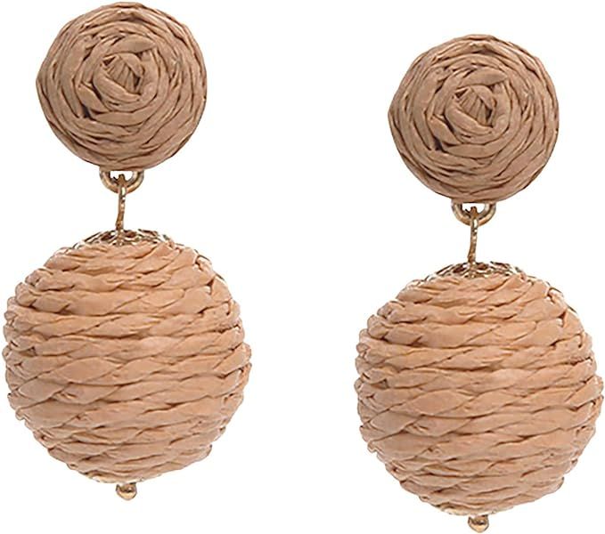 Statement Raffia Earrings for Women Girls Ball Geometric Lantern Ratten Drop Earrings Palm Bohemi... | Amazon (US)