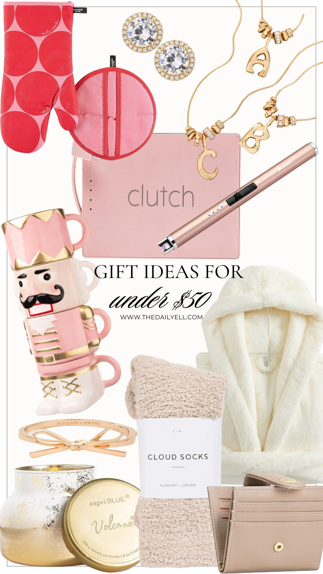 Holiday Gift Guide | Holiday Gifts Under $50

1.  Kate Spade Oven Mitt and Pot Holder
2.  Cubic Zirconia Earrings
3.  Initial Necklace
4.  Clutch portable charger
5.  Lighter
6. Stackable Nutcracker Mugs
7.  Kate Spade Bracelet
8.  Cozy Socks
9.  Cozy Robe
10. Candle
11. Card Wallet



#LTKCyberWeek #LTKHoliday #LTKGiftGuide