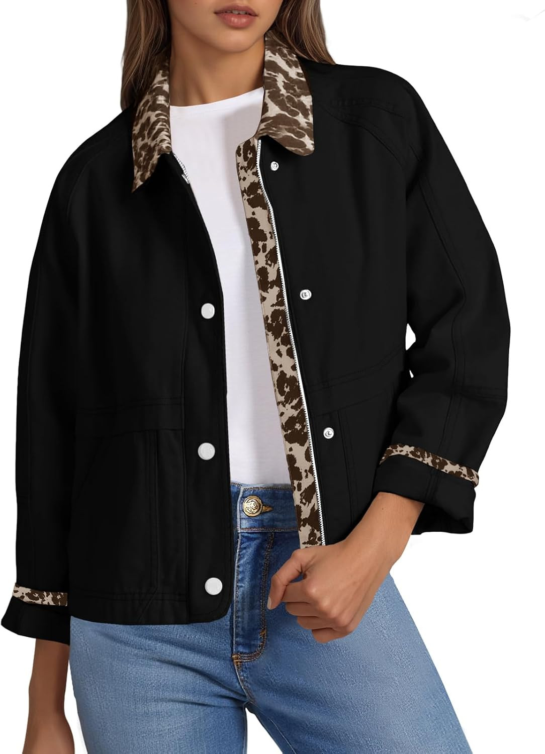 Tankaneo Womens Cropped Barn Jacket Zip Up Lightweight Contrast Plaid Coat | Amazon (US)