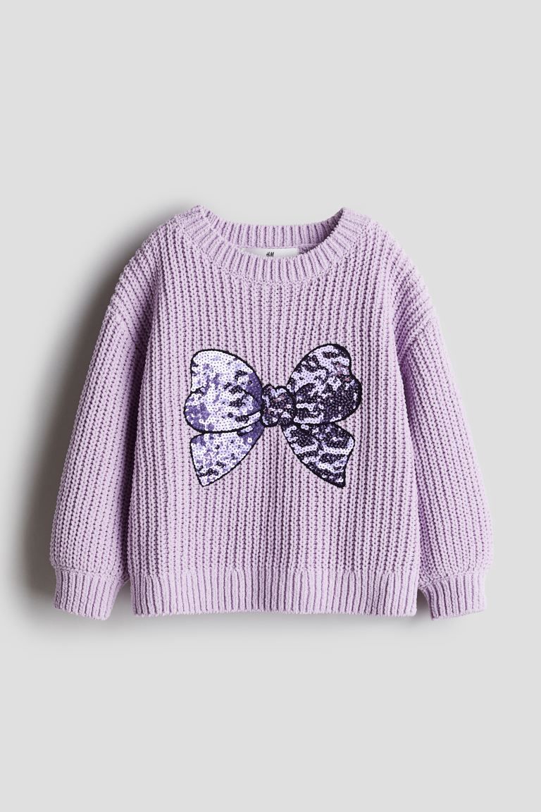 Knit Chenille Sweater - Round Neck - Long sleeve - Light purple/bow - Kids | H&M US | H&M (US + CA)