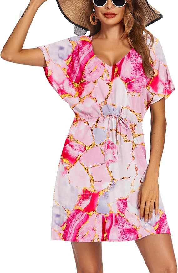 Ekouaer Womens Swimsuit Coverup Short Sleeve Beach Cover Up Dress V Neck Bikini Beachwear | Amazon (US)