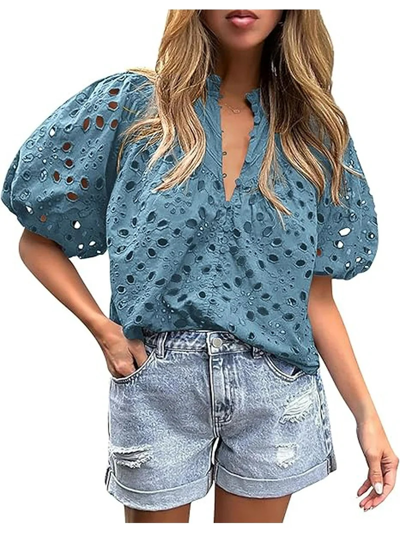 PRETTYGARDEN Women's Summer Tops Dressy Casual Short Lantern Sleeve V Neck Buttons Hollow Out Lac... | Walmart (US)
