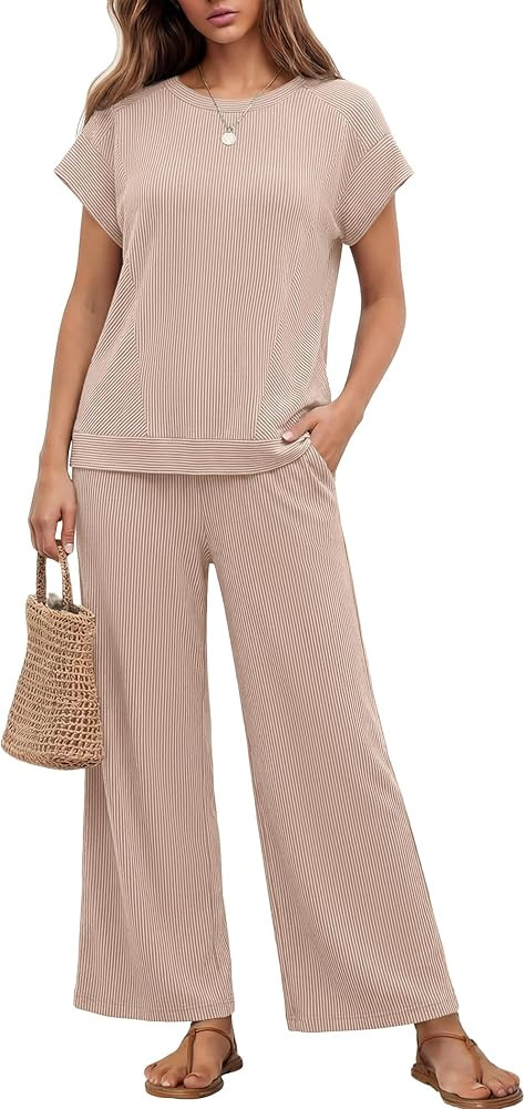 Ekouaer Two Piece Sets for Women 2026 Travel Outfits Short Sleeve Top Wide Leg Pants Rib Tracksui... | Amazon (US)