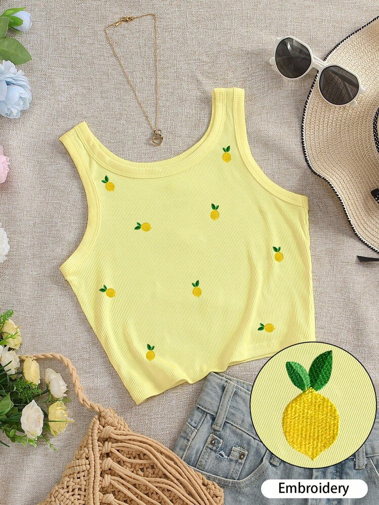 INAWLY Women's Fitted Round Neck Tank Top With Embroidered Lemon Pattern | SHEIN