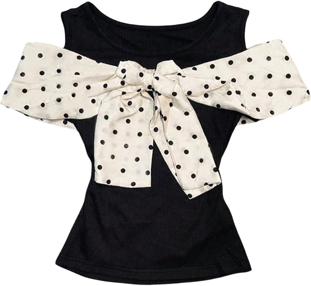 Floerns Women's Polka Dots Color Block Top Elegant Bow Front Short Sleeve Fitted Knit Tops | Amazon (US)