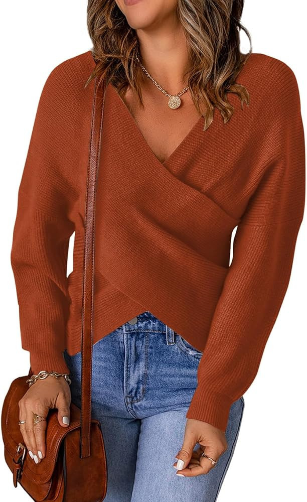 KIRUNDO Women's Long Sleeve Cross Wrap V Neck Knit Sweater Off Shoulder Backless Casual Solid Pul... | Amazon (US)