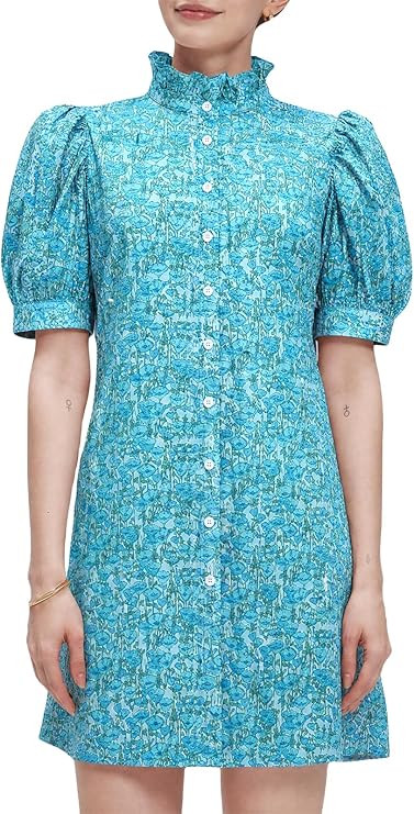 Women Summer Floral Mini Dress Ruffle Neck Puffer Sleeve Boho Beach Shift Dresses | Amazon (US)