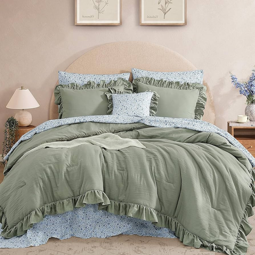 Queen Comforter Set - 7 Pieces Ruffle Sage Green Bedding Sets, Shabby Chic Farmhouse Bed in a Bag... | Amazon (US)