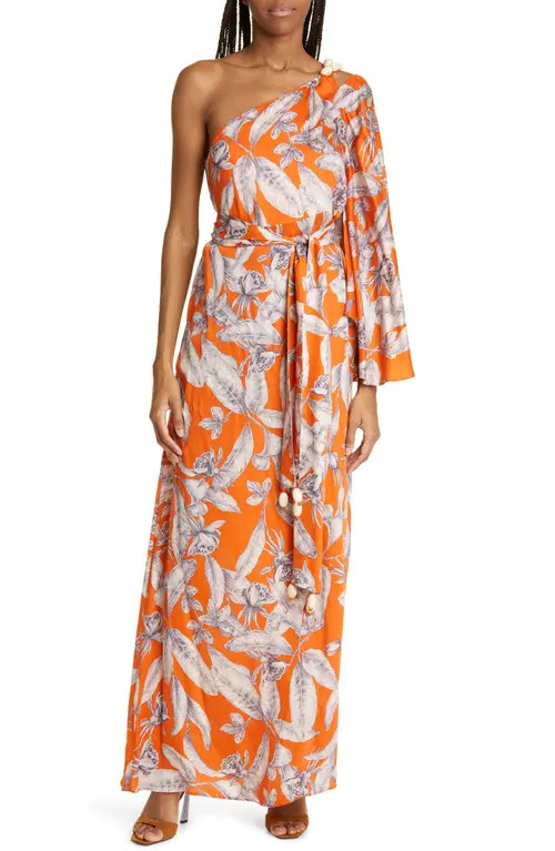 ALEXIS Randi Floral Print One-Shoulder Long Sleeve Maxi Dress in Maldive Orange at Nordstrom, Size Small | Nordstrom