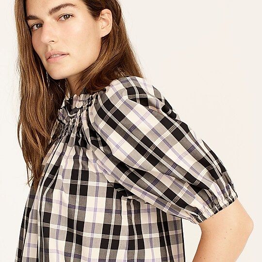 Smocked-neck puff-sleeve top in Friday plaid | J.Crew US