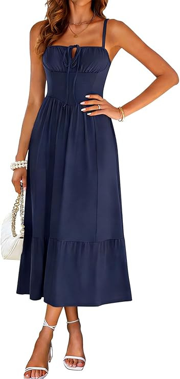 Sureple Sundresses for Women Maxi Tied Neck Spaghetti Straps Pleated Ruffles Casual Summer Midi D... | Amazon (US)