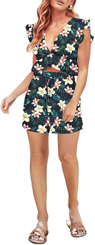 FANCYINN Womens Two Pieces Vacation Outfits Deep V Neck Ruffles Crop Top Drawstring Shorts Set | Amazon (US)