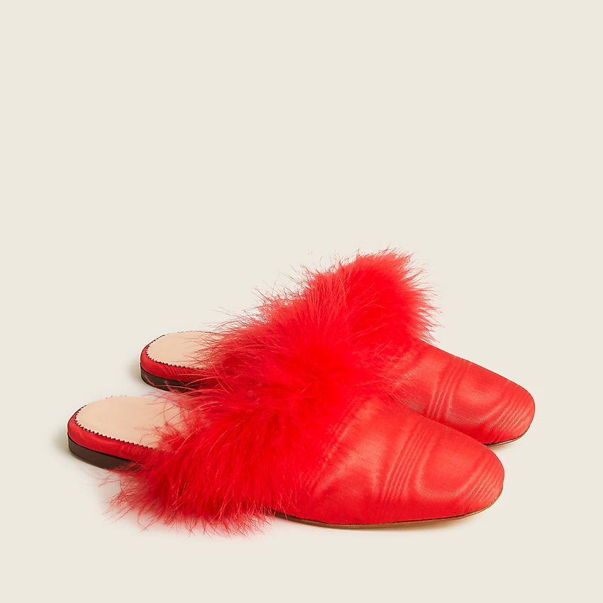 Feather-trimmed mule slides in moire silk | J.Crew US