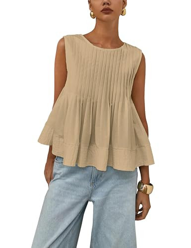 Lumister Womens Peplum Babydoll Tops Cute Pleated Sleeveless Ruffle Peplum Blouse T Shirts Tank Summer Tops Khaki | Amazon (US)