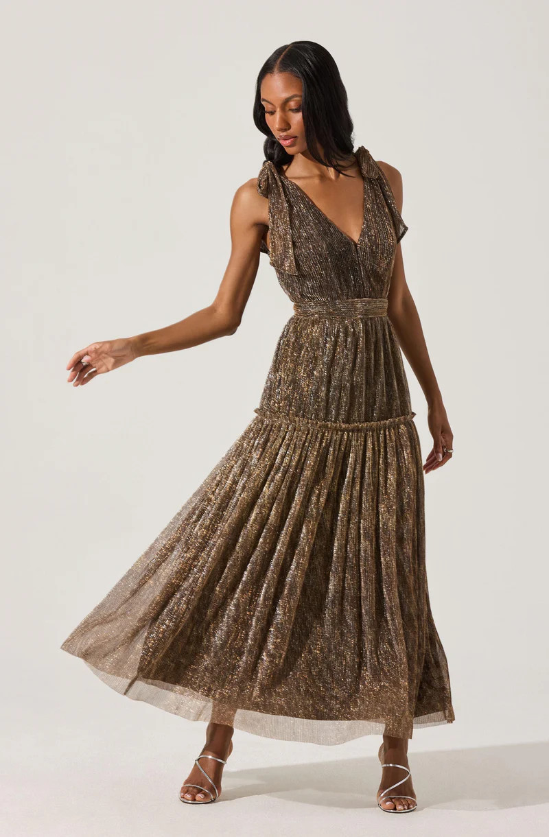 Desma Metallic V-Neck Maxi Dress - Bronze / M | ASTR The Label (US)