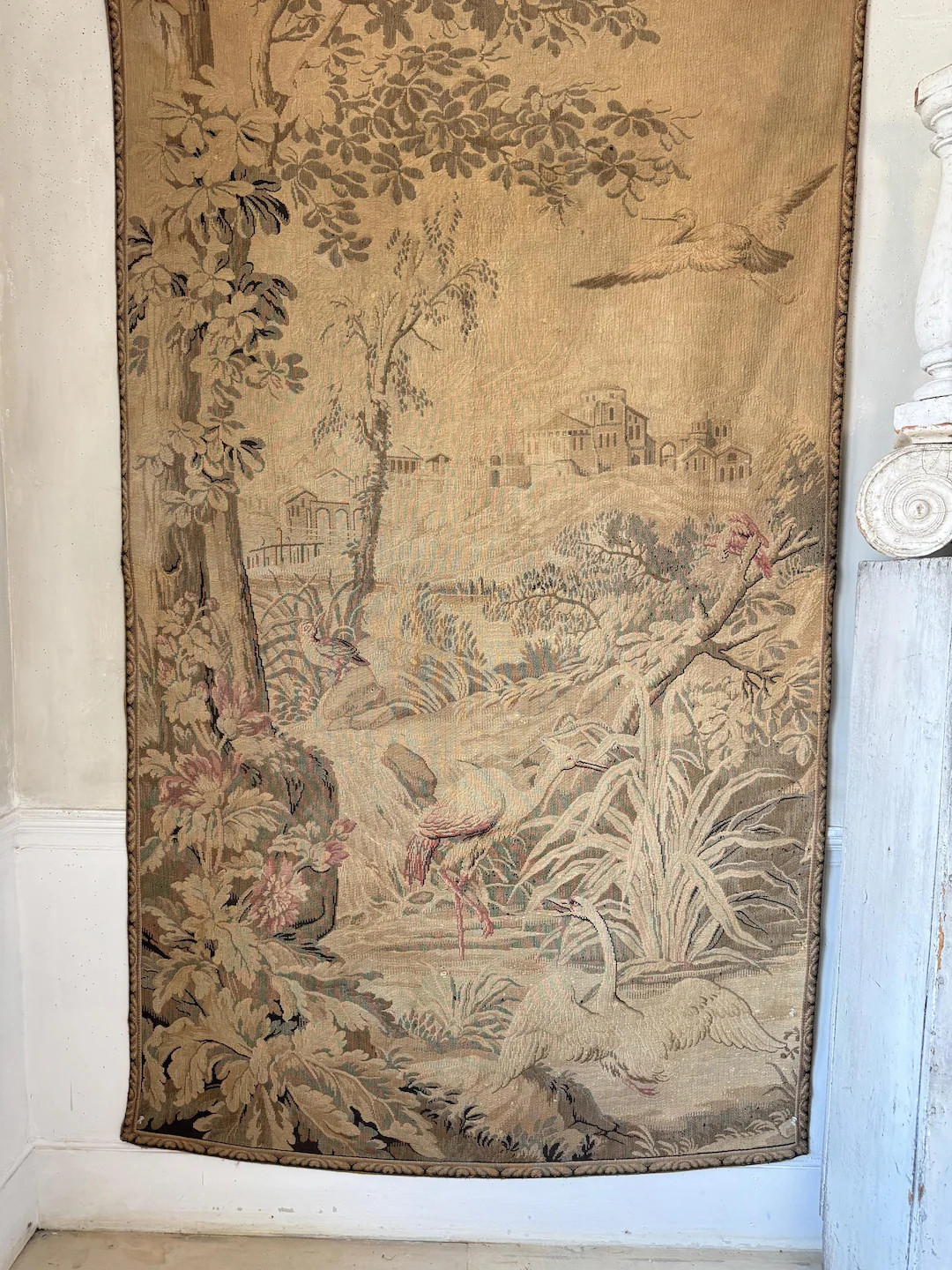 82x50 Vintage French Woven Tapestry Verdure Landscape Birds and Chateau Scene Atmospheric Wall Ar... | Etsy (US)