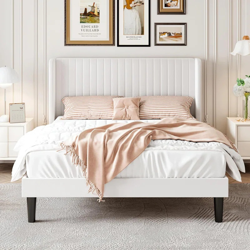 Queen Size Velvet Bed Frame with Vertical Channel Tufted Wingback Headboard, Upholstered Platform... | Wayfair North America
