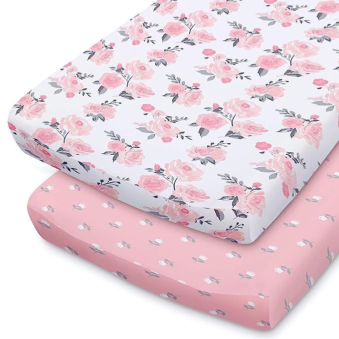 The Peanutshell Pink Floral Changing Pad Cover Set for Baby Girls | 2 Pack Set | Pink Roses & Dit... | Amazon (US)