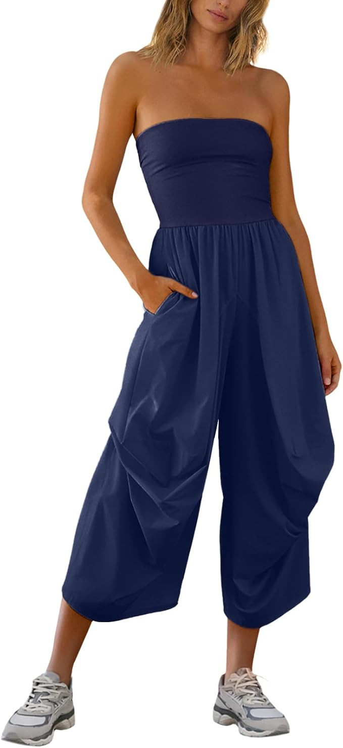 UNIANKIYA Strapless Jumpsuits for Women Casual Tube Top Romper Balloon Yoga Pants with Pockets On... | Amazon (US)