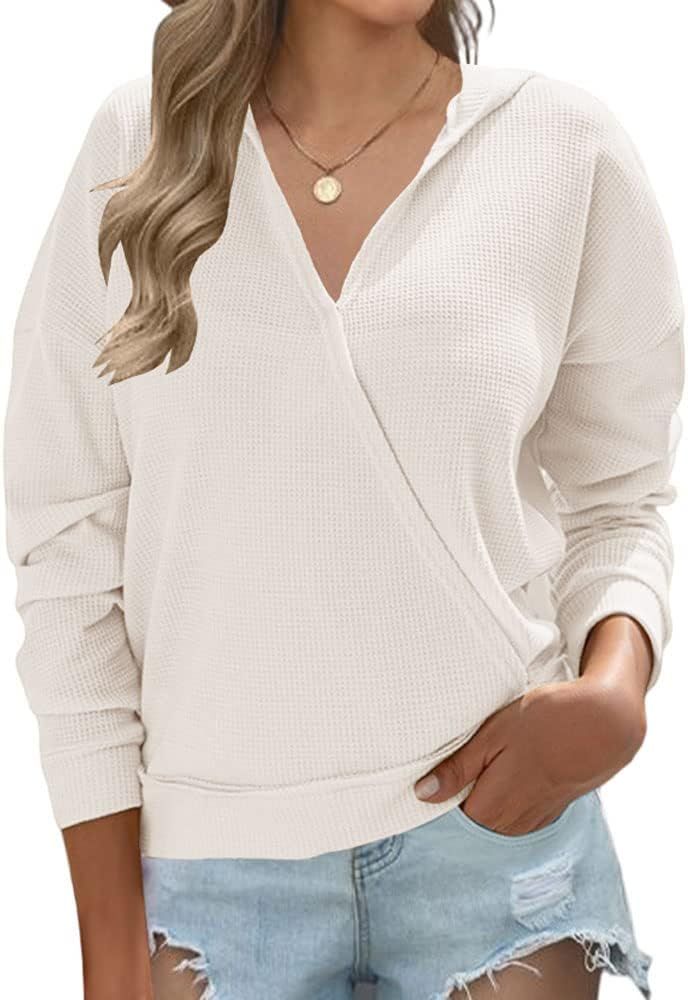 Koodred Womens V Neck Waffle Knitted Tops Casual Long Sleeve Wrap Front Blouses Loose Soft Pullovers | Amazon (US)