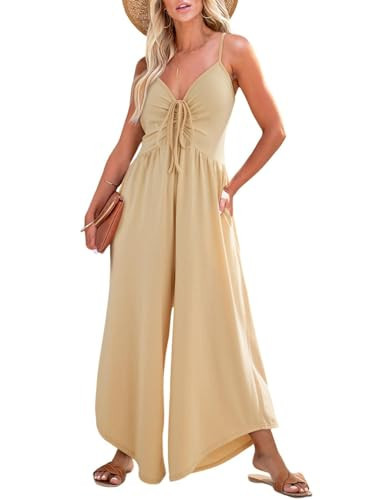 Dokotoo One Piece Jumpsuits for Women Knit V-Neck Adjustable Straps Ruched Drawstring Smocked Casual Rompers Wide Leg Jumpsuit with Pockets Khaki Large | Amazon (US)