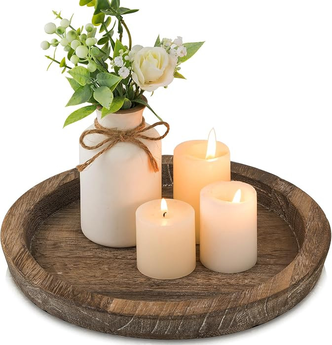 Hanobe Candle Plate Holder Tray: Round Wood Decorative Candle Plate - Rustic Farmhouse CoffeeTabl... | Amazon (US)