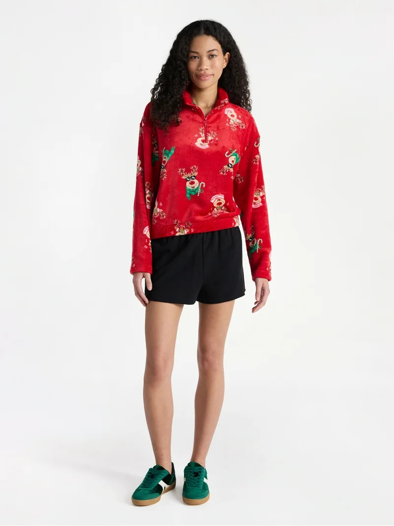 No Boundaries Christmas Quarter Zip Mock Neck Plush Top with Long Sleeves, Women's | Walmart (US)