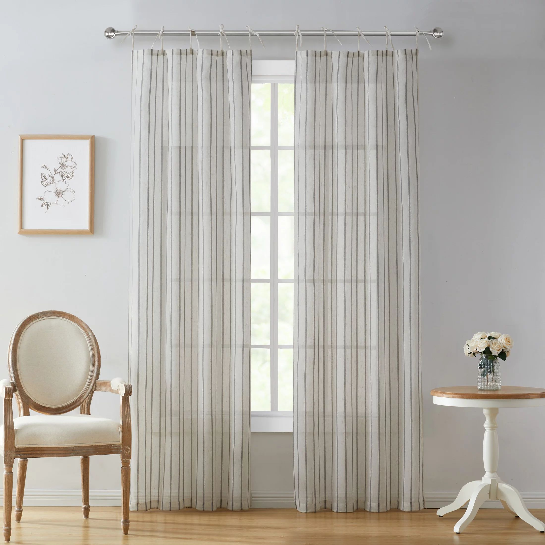 My Texas House Emerson Linen Stripe Light Filtering Tie Top Curtain Panel Pair, Grey, 76" x 106" ... | Walmart (US)