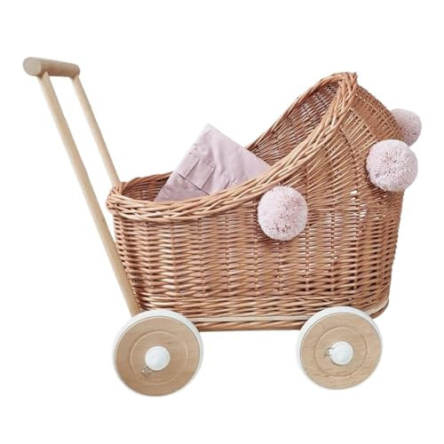Wiklibox Natural Rattan Doll Stroller - Hand Made in Europe - Fits 17" Dolls & Plush Toys - Wicker Doll Pram & Baby Walker with Bedding Set - Perfect for Imaginative Play | Natural-Pink | Amazon (US)