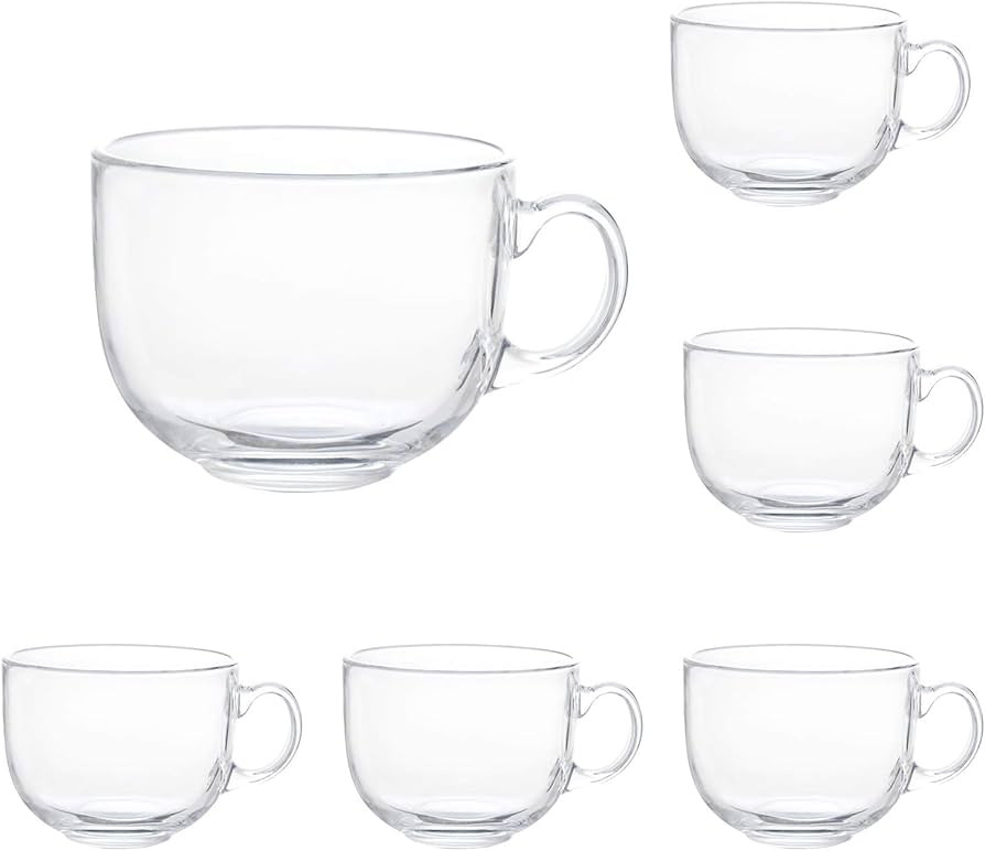 16oz Glass Jumbo Mugs With Handle For Coffee, Tea, Soup,Clear Drinking Cup,Set of 6 | Amazon (US)