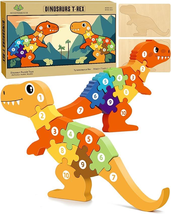 MONSTERBOKER 𝟭𝟭” Wooden Dinosaur Puzzle 1+ Year Old Boy Girl Birthday Gift Kid Age 3 5 Co... | Amazon (US)