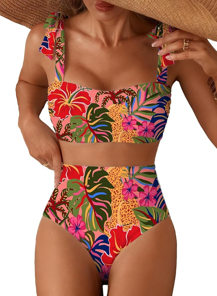 Herseas Women's Tie Shoulder Bikini Sets 2 Piece Striped Swimsuits High Waisted Bathing Suits | Amazon (US)